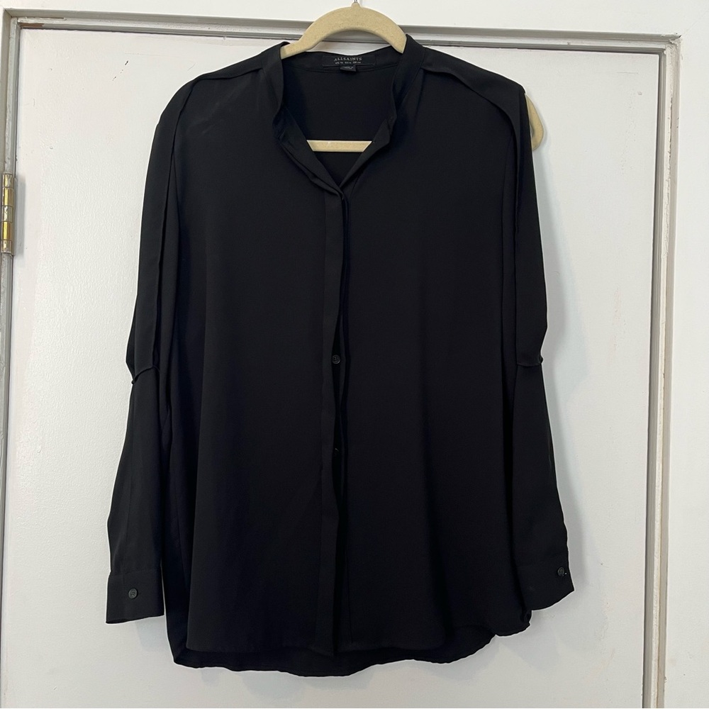 All Saints Classic Black Blouse Cold Shoulder long sleeve button up size 6 work